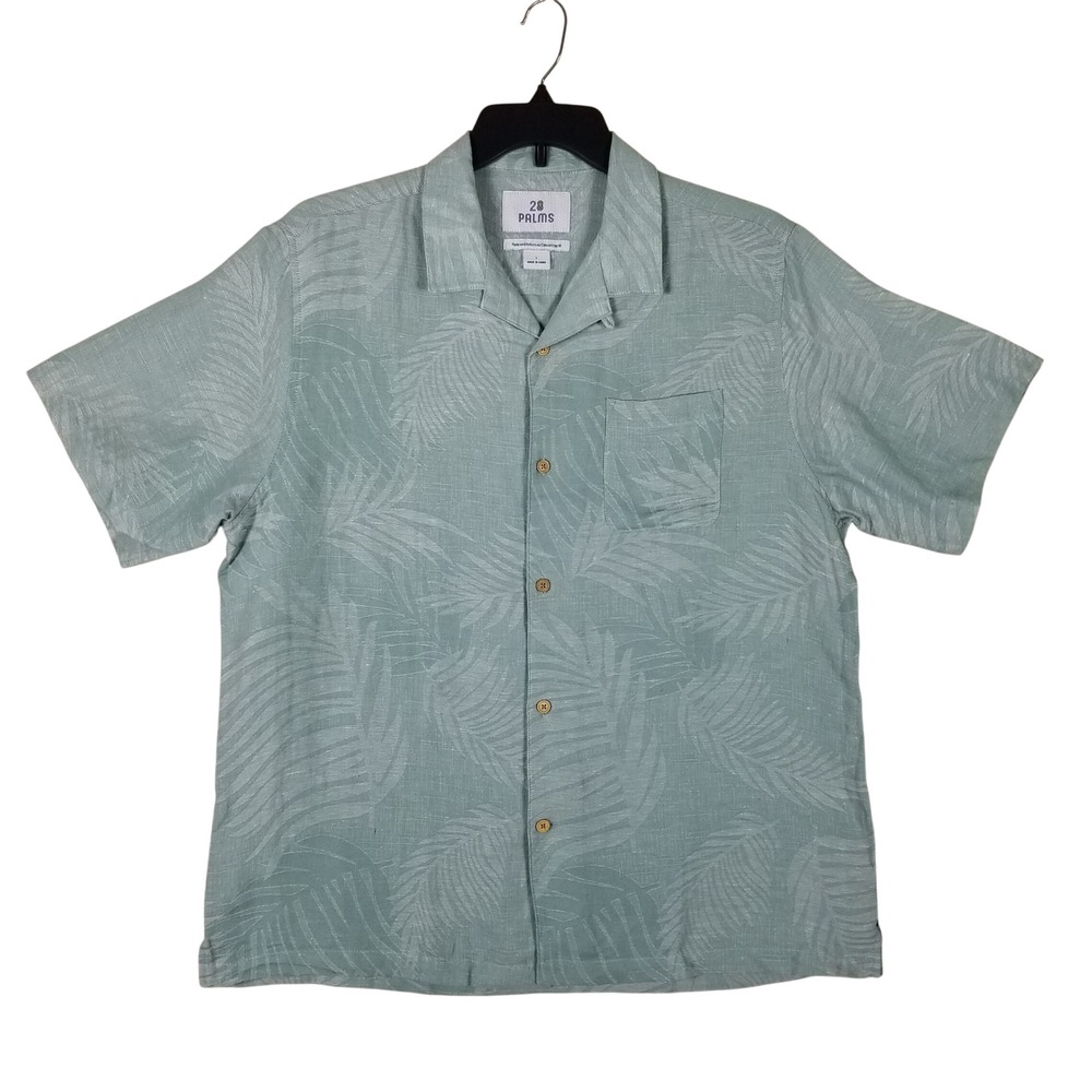 28 Palms Button Down Shirt Mens Large Sage Green Silk Linen Palm Leaf Jacquard